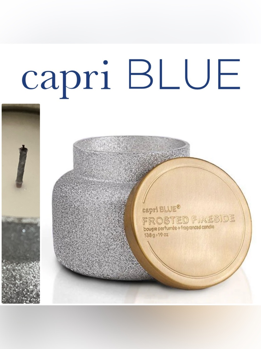 Capri Blue ❄️ Glam Candle • Frosted Fireside • 19 oz. • Silver Glitter